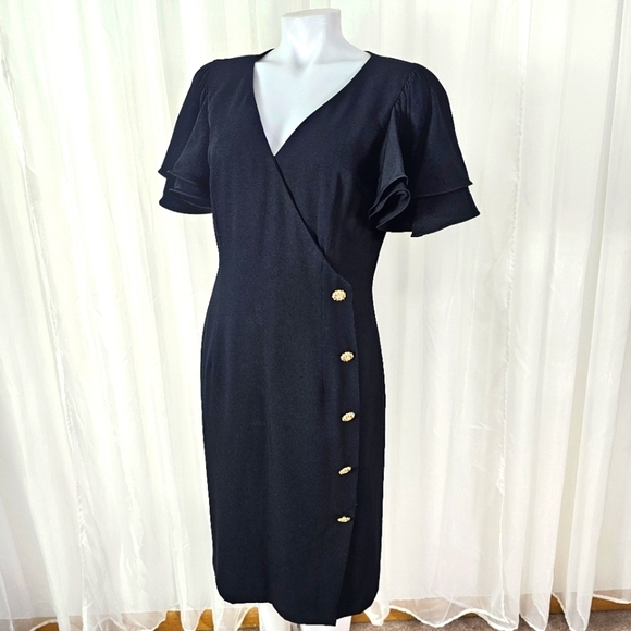 Vintage Neiman Marcus black faux wrap dress rhinestone button ruffle sleeves 10 - Picture 1 of 11